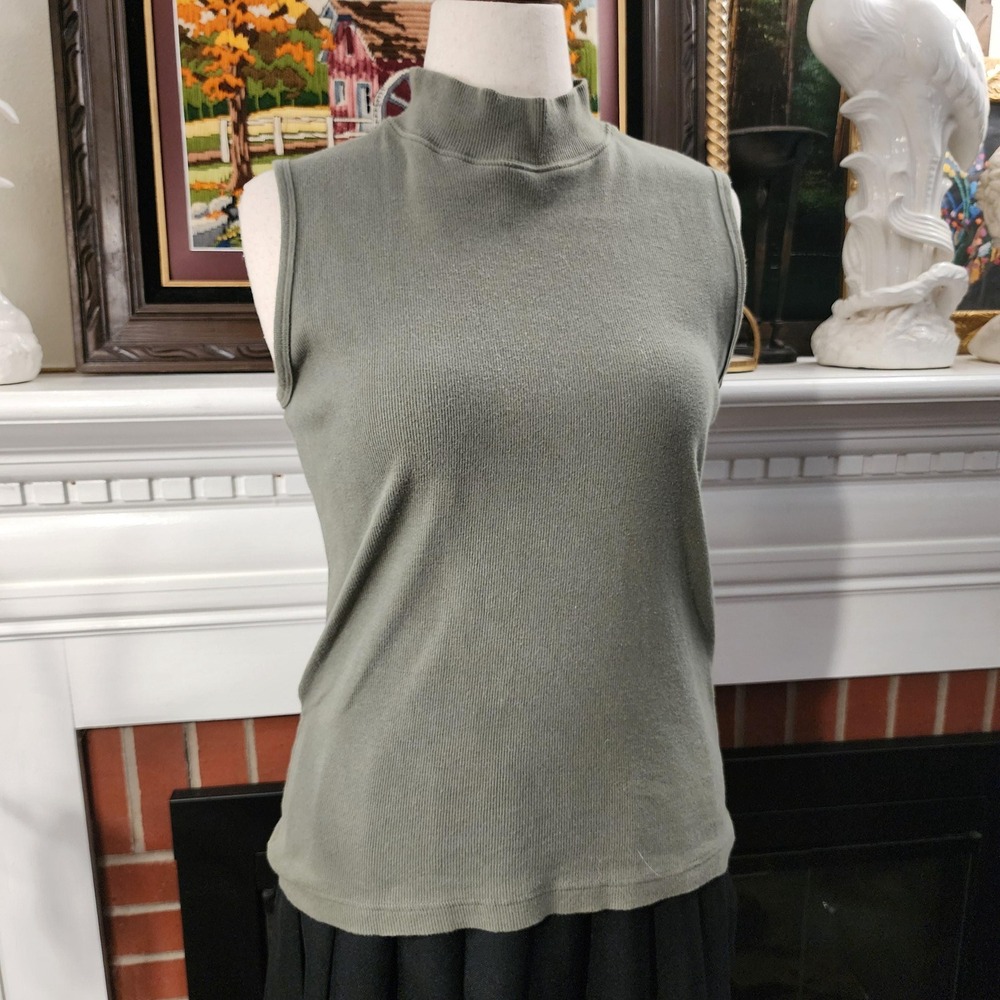 Christopher Banks Vintage Mock Neck Tank Top Sage Green Gray‎ Ribbed Large
